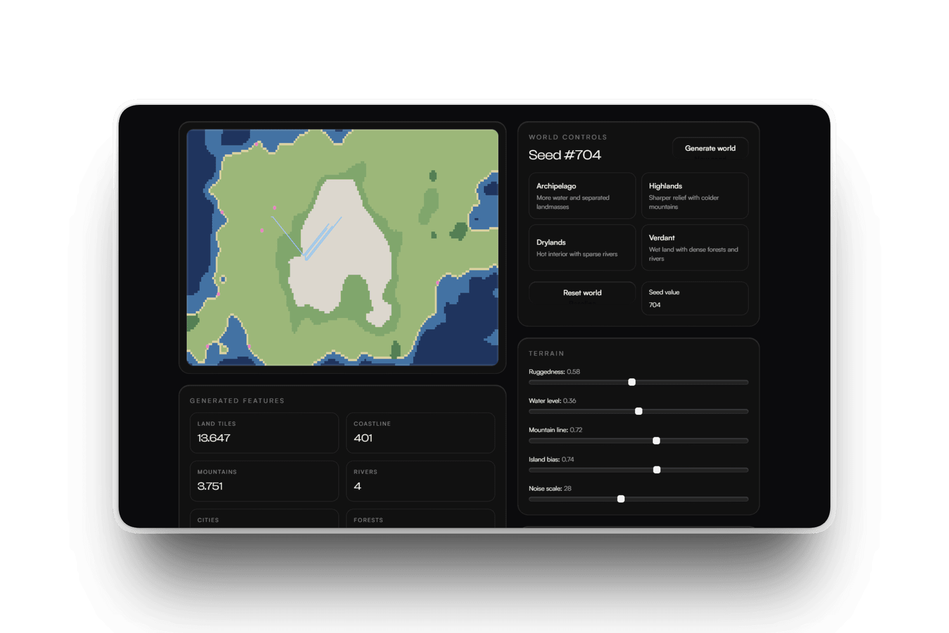 Image of Generate terrain, rivers, mountains, and cities