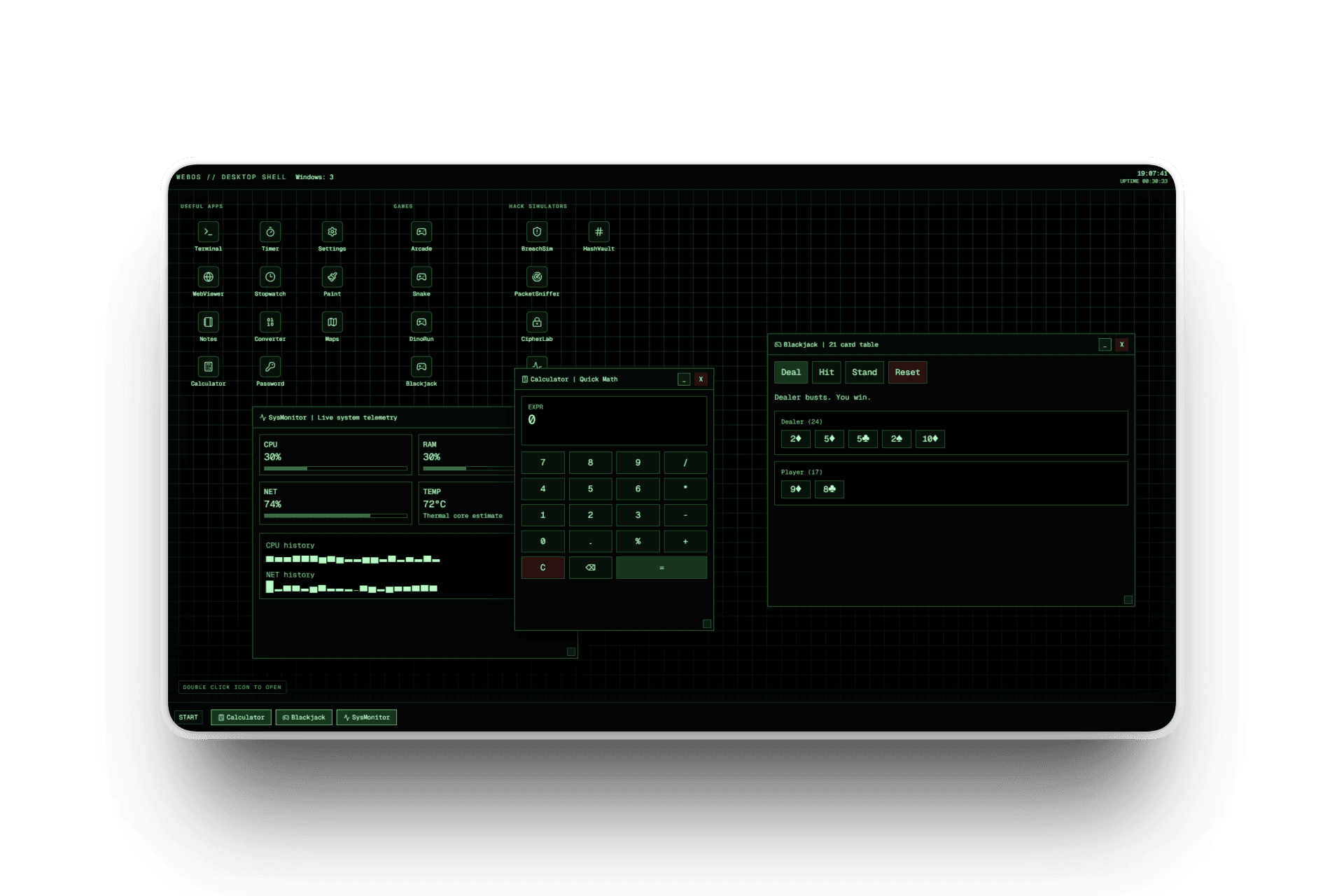 Image of Cool webbased OS with hacker / ASCII theme and some cool apps
